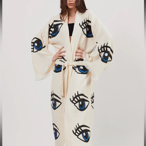 Handcrafted THIRD EYE 🪬🧿 ORGANIC KAFTAN Robe Cover Up Evil Protection Kimono - Picture 4 of 12